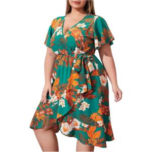 imageFloerns Womens Plus Size Floral Print Short Sleeve V Neck Ruffle Wrap DressGreen Multi