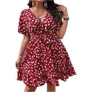 imageFloerns Womens Plus Size Floral Print Short Sleeve V Neck Ruffle Wrap DressHot Red