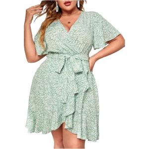 imageFloerns Womens Plus Size Floral Print Short Sleeve V Neck Ruffle Wrap DressLight Green