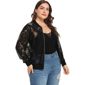 imageFloerns Womens Plus Size Sheer Floral Lace Long Sleeve Baseball JacketBlack