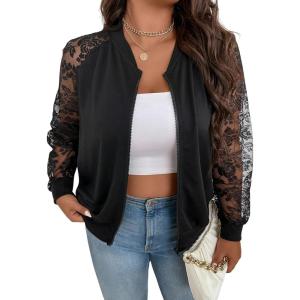 imageFloerns Womens Plus Size Sheer Floral Lace Long Sleeve Baseball JacketBlack Floral Sheer