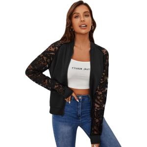 imageFloerns Womens Plus Size Sheer Floral Lace Long Sleeve Baseball JacketBlack Ink