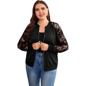 imageFloerns Womens Plus Size Sheer Floral Lace Long Sleeve Baseball JacketBlack Lace