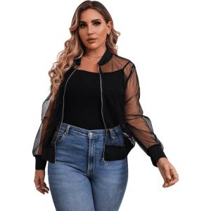 imageFloerns Womens Plus Size Sheer Floral Lace Long Sleeve Baseball JacketBlack Plain