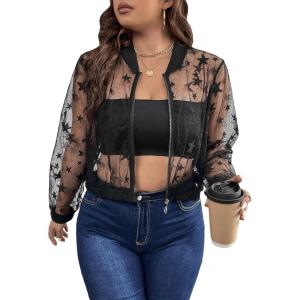 imageFloerns Womens Plus Size Sheer Floral Lace Long Sleeve Baseball JacketBlack Star