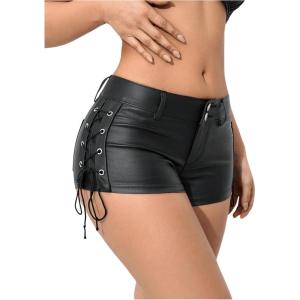 imageFloerns Womens Sexy High Waisted Faux Leather Shorts Drawstring Lace Up Festival Rave ShortsBlack Leather