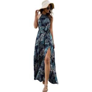 imageFloerns Womens Summer Tropical Floral Print Halter Neck Split Maxi DressA Dark Blue