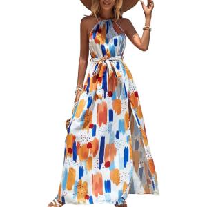imageFloerns Womens Summer Tropical Floral Print Halter Neck Split Maxi DressWhite Brown Multi