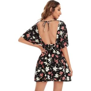 imageFloerns Womens Tropical Floral Plunging V Neck Tie Open Back Summer Short DressBlack Red Floral