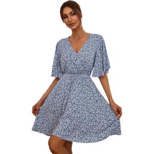 imageFloerns Womens Tropical Floral Plunging V Neck Tie Open Back Summer Short DressBlue