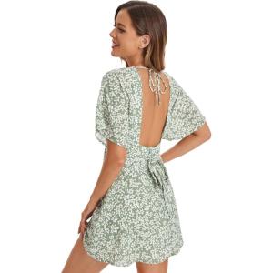imageFloerns Womens Tropical Floral Plunging V Neck Tie Open Back Summer Short DressDitsy Green
