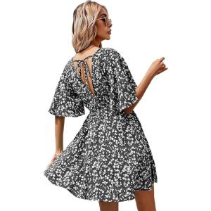 imageFloerns Womens Tropical Floral Plunging V Neck Tie Open Back Summer Short DressFlower Black