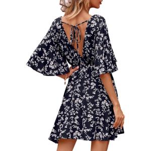 imageFloerns Womens Tropical Floral Plunging V Neck Tie Open Back Summer Short DressNavy Blue