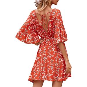 imageFloerns Womens Tropical Floral Plunging V Neck Tie Open Back Summer Short DressRed Floral