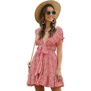 imageFloerns Womens Tropical Floral Plunging V Neck Tie Open Back Summer Short DressRedWhite