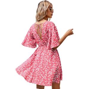 imageFloerns Womens Tropical Floral Plunging V Neck Tie Open Back Summer Short DressRouge Red