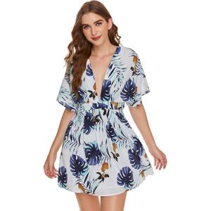 imageFloerns Womens Tropical Floral Plunging V Neck Tie Open Back Summer Short DressWhite Multi