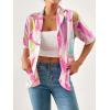 imageFloerns Womens Casual V Neck Collared Button Up Blouse Top Print Summer ShirtPink Multi