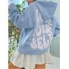 imageFloerns Womens Letter Graphic Print Long Sleeve Drawstring Hoodie SweatshirtLight Blue White