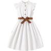 imageFloerns Girls Casual Ruffle Trim Cap Sleeve Mock Neck Button Front Belted DressWhite