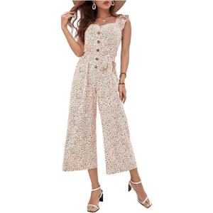 imageFloerns  Womens palazzo jumpsuit with palm leaf print and buttonsBrown Multi