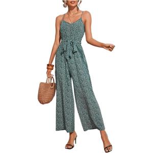 imageFloerns  Womens palazzo jumpsuit with palm leaf print and buttonsDark Green