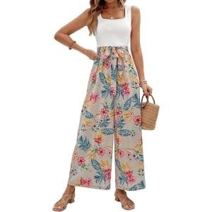 imageFloerns  Womens palazzo jumpsuit with palm leaf print and buttonsGrey Tropical
