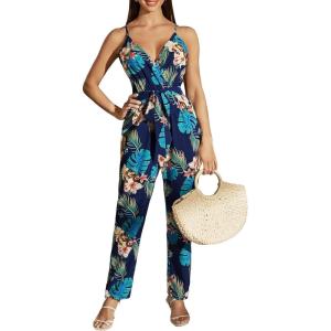 imageFloerns  Womens palazzo jumpsuit with palm leaf print and buttonsNavy Blue