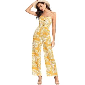 imageFloerns  Womens palazzo jumpsuit with palm leaf print and buttonsYellow