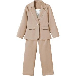 imageFloerns Girls 2 Piece Outfit Solid Lapel Collar Blazer Jacket with Pants Suit SetKhaki