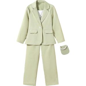 imageFloerns Girls 2 Piece Outfit Solid Lapel Collar Blazer Jacket with Pants Suit SetMint Green