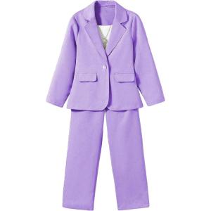 imageFloerns Girls 2 Piece Outfit Solid Lapel Collar Blazer Jacket with Pants Suit SetPurple