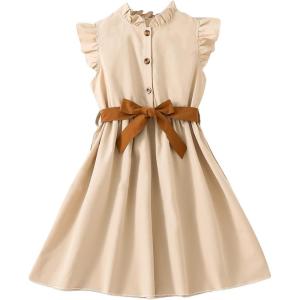 imageFloerns Girls Casual Ruffle Trim Cap Sleeve Mock Neck Button Front Belted DressApricot
