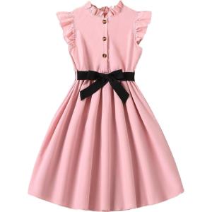 imageFloerns Girls Casual Ruffle Trim Cap Sleeve Mock Neck Button Front Belted DressPink Solid