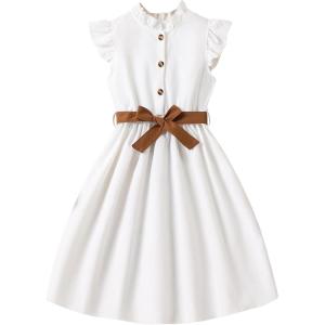 imageFloerns Girls Casual Ruffle Trim Cap Sleeve Mock Neck Button Front Belted DressWhite