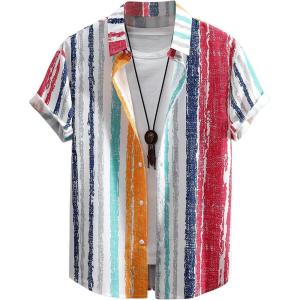 imageFloerns Mens Striped Shirts Casual Short Sleeve Button Down ShirtsRed Grey Multi