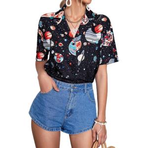 imageFloerns Womens Casual V Neck Collared Button Up Blouse Top Print Summer ShirtA Black Multi