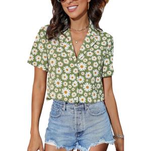 imageFloerns Womens Casual V Neck Collared Button Up Blouse Top Print Summer ShirtLime Green