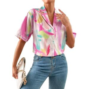 imageFloerns Womens Casual V Neck Collared Button Up Blouse Top Print Summer ShirtPink Multi