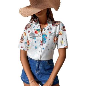 imageFloerns Womens Casual V Neck Collared Button Up Blouse Top Print Summer ShirtWhite