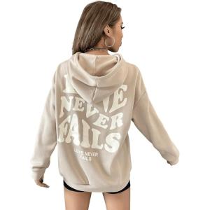 imageFloerns Womens Letter Graphic Print Long Sleeve Drawstring Hoodie SweatshirtA Khaki