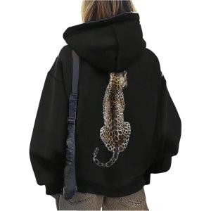 imageFloerns Womens Letter Graphic Print Long Sleeve Drawstring Hoodie SweatshirtBlack Cheetah