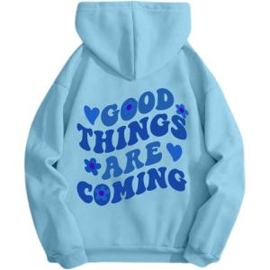imageFloerns Womens Letter Graphic Print Long Sleeve Drawstring Hoodie SweatshirtFlower Light Blue