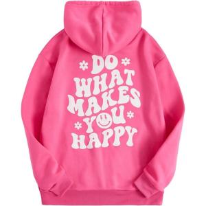 imageFloerns Womens Letter Graphic Print Long Sleeve Drawstring Hoodie SweatshirtHot Pink