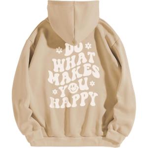 imageFloerns Womens Letter Graphic Print Long Sleeve Drawstring Hoodie SweatshirtKhaki Solid