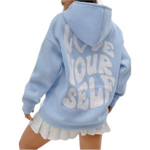 imageFloerns Womens Letter Graphic Print Long Sleeve Drawstring Hoodie SweatshirtLight Blue White