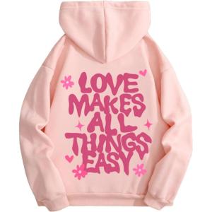 imageFloerns Womens Letter Graphic Print Long Sleeve Drawstring Hoodie SweatshirtPastel Pink Letter