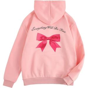 imageFloerns Womens Letter Graphic Print Long Sleeve Drawstring Hoodie SweatshirtPink Bowknot