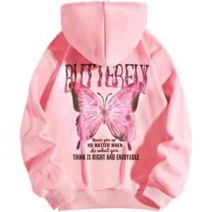 imageFloerns Womens Letter Graphic Print Long Sleeve Drawstring Hoodie SweatshirtPink Butterfly