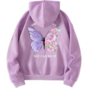 imageFloerns Womens Letter Graphic Print Long Sleeve Drawstring Hoodie SweatshirtPurple Butterfly
